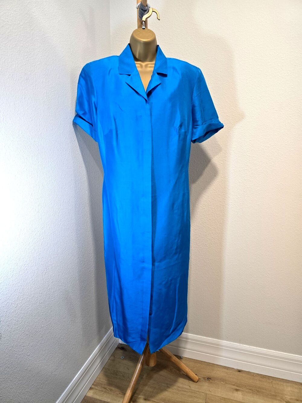 Vtg Bahari Group Silk Shirt Dress Size 14 Blue Button Short Sleeve Office Career